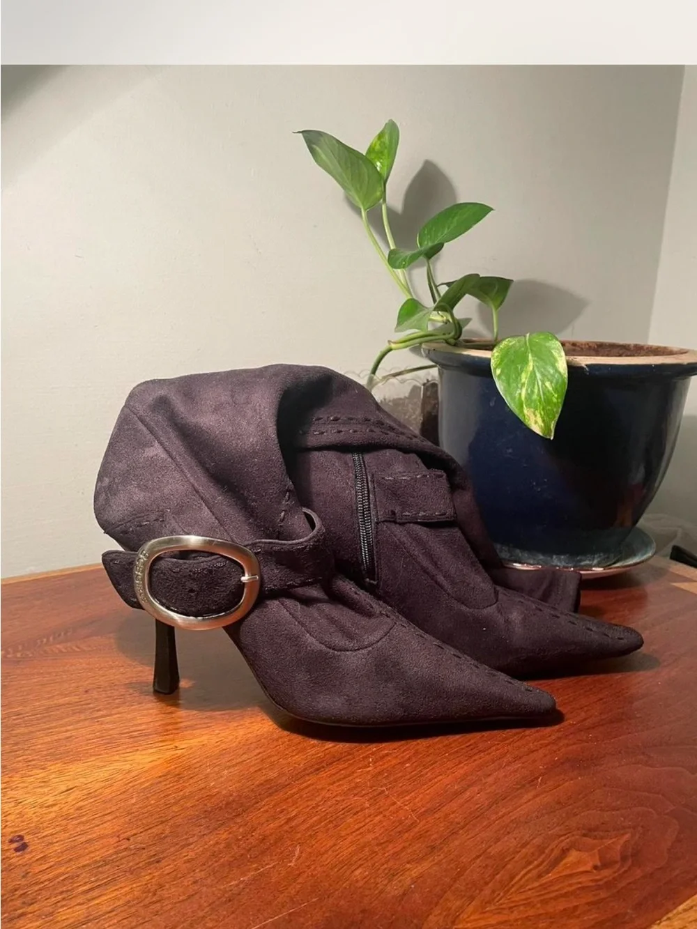 Classic Pointed-Toe Buckle Knee High Boots in Dark Brown